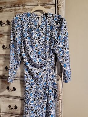 Ann Taylor Blue Floral Long Sleeve Wrap-Style Dress